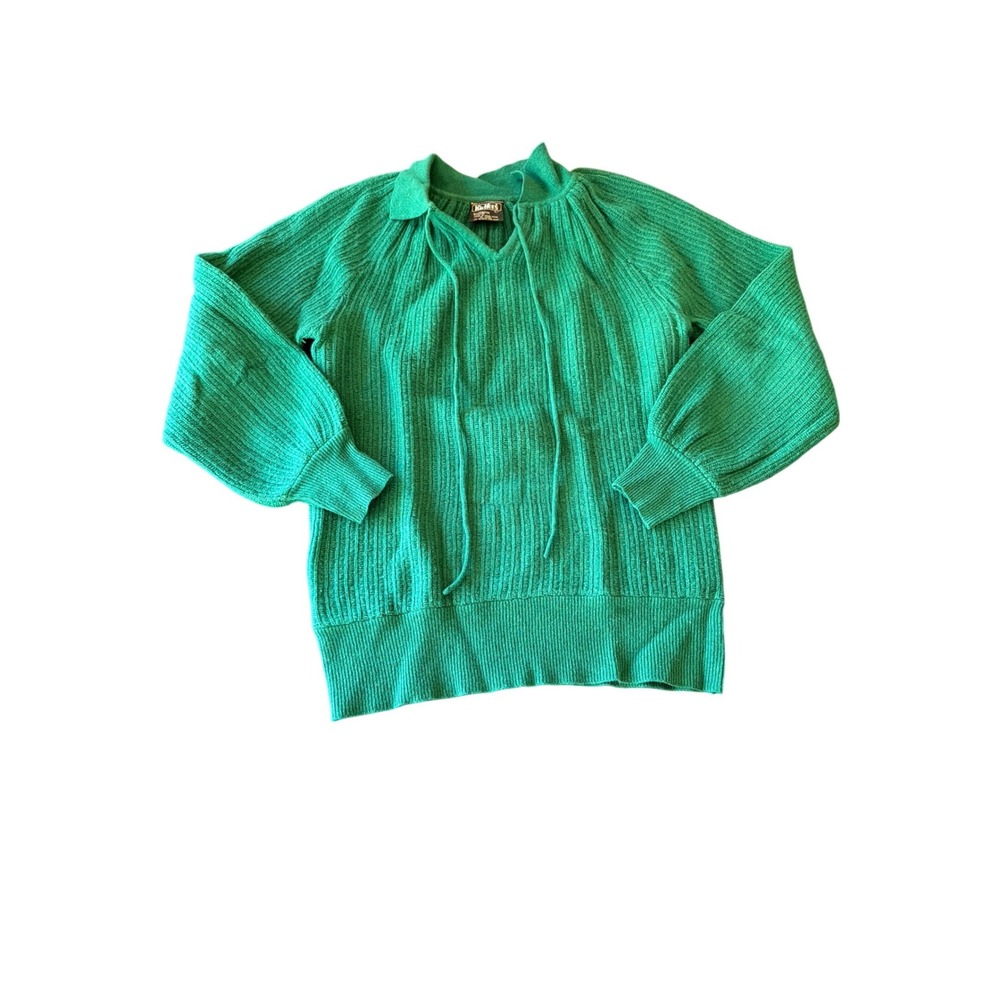 Kickers Sweater Green Lambswool Blend Vintage Ribbed Tie Neck Balloon Sleeve L